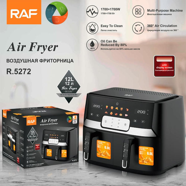 RAF Air Fryer Dual Basket 12L 1700W, LED Digital Display, Smart Digital Control, 360° Air Circulation, Adjustable Temperature Control, 60 Min Timer, Automati...