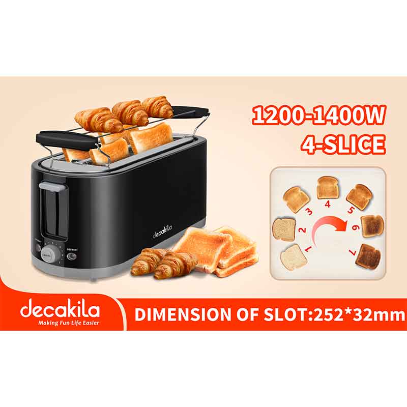 Decakila Toaster 4 Slice 1400W Black 7 Setting Browning Color KETS011B