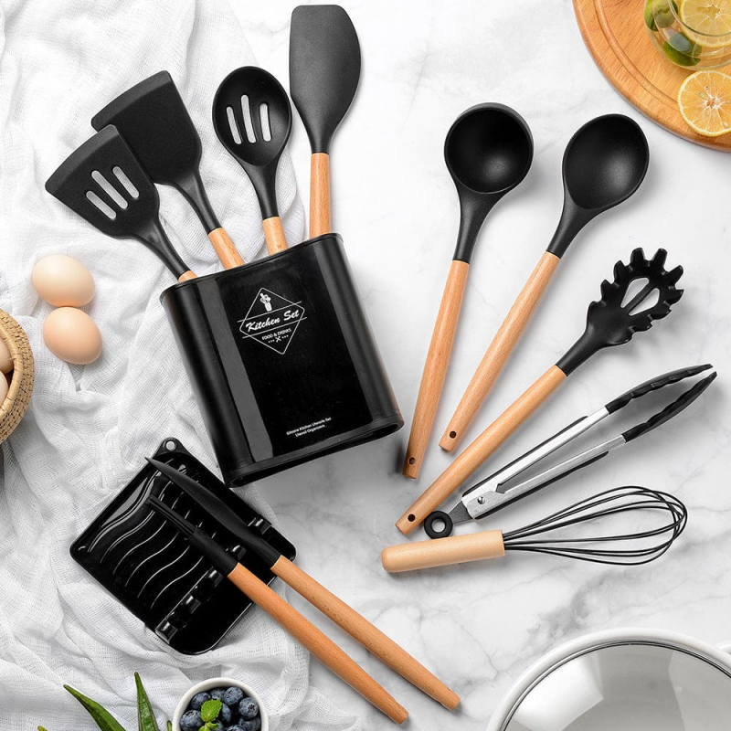 Kitchen Utensils Set Silicone with Wooden Handle 13pcs Heat Resistant for Non-stick Pans