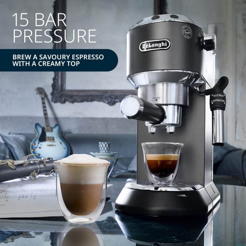 De'Longhi Dedica Style Manual Barista Pump Espresso Coffee Machine , Cappuccino, Latte Macchiato, Espresso Coffee Maker Milk Frother , EC685.BK , Black