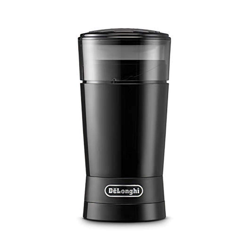 De'Longhi Electric Coffee Grinder 170W Stainless Steel Blade, 90g Coffee Bean Capacity, Cup Warmer Passive Auto Shut-Off Milk System KG200.B