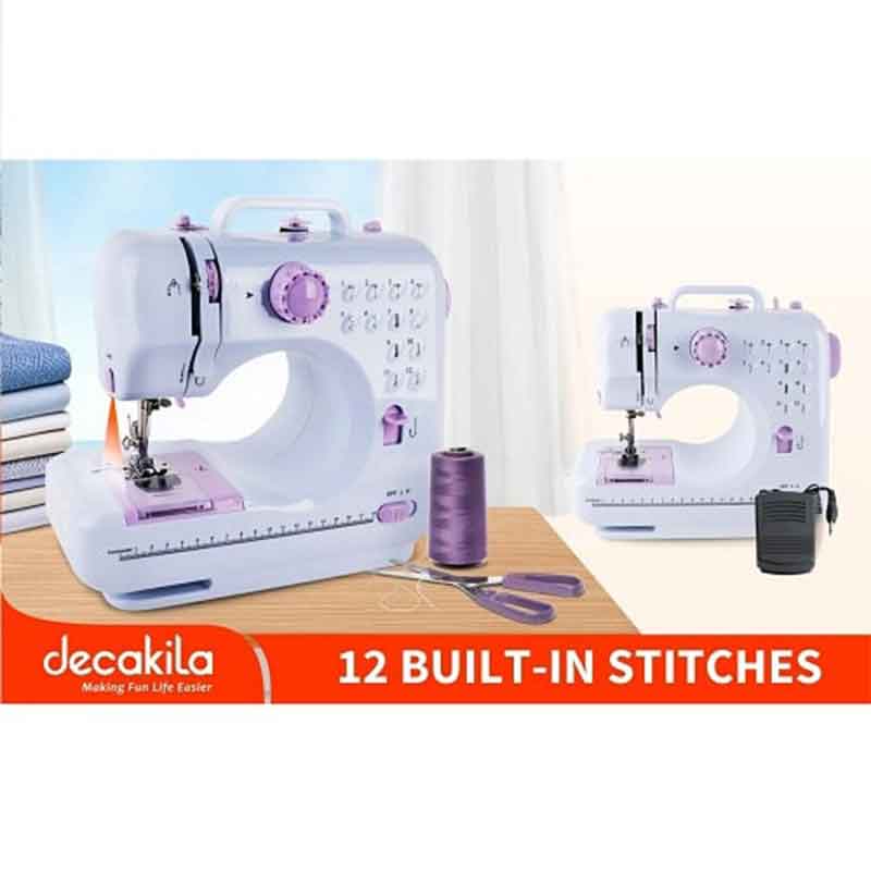 Decakila Sewing Machine With 12 Built-in Stitch Patterns 4 AA Batteries, Double Thread, Double Speed KUTT031W