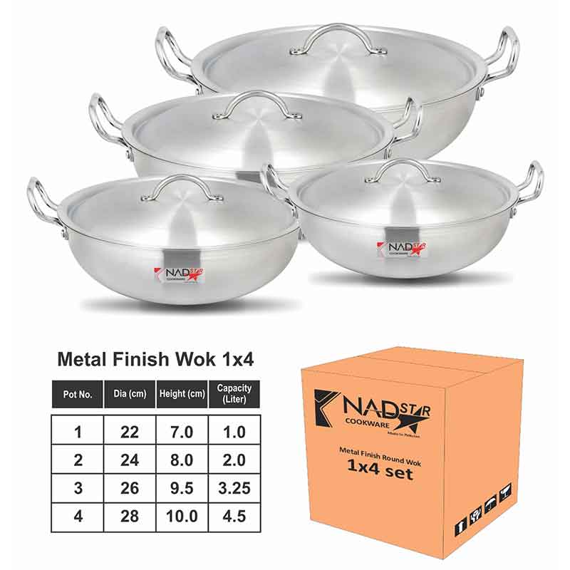 Nadstar Wok Karai Set 4Pcs Set With Lid &Amp; Handle Metal Finish Wok 1L 2L 3.2L 4.5L Mf1X4 2 Nadstar Wok Karai Set 4Pcs Set With Lid &Amp; Handle Metal Finish Wok 1L 2L 3.2L 4.5L Mf1X4