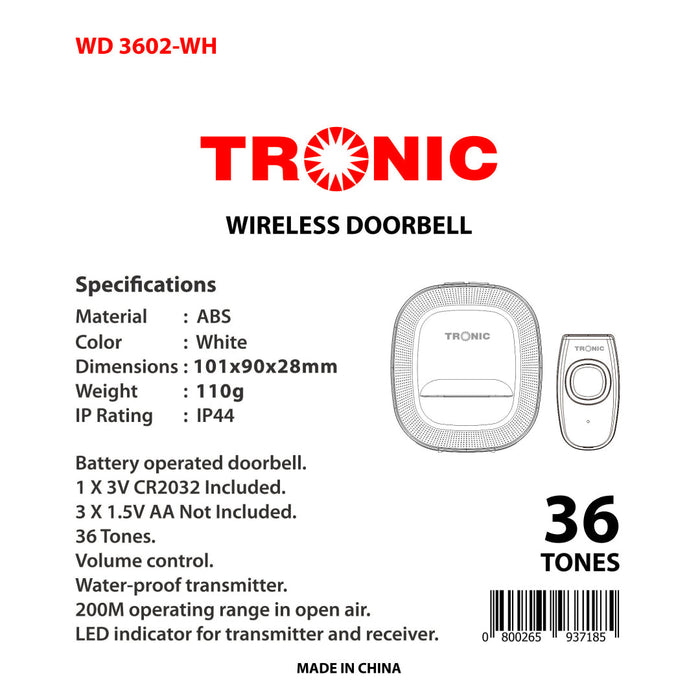 Tronic Wireless Doorbell Wd 3602-Wh 3 Tronic Wireless Doorbell Wd 3602-Wh