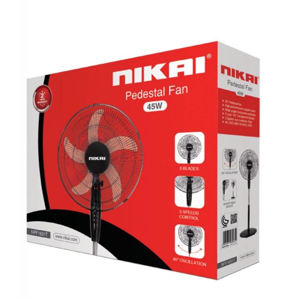Nikai Stand Fan 16" 3 Speed 45 W Plastic Blade 5 Leaf “AS” Transparent Blades 60 Minutes Timer Wide Angle Horizontal Oscillation NPF1631T