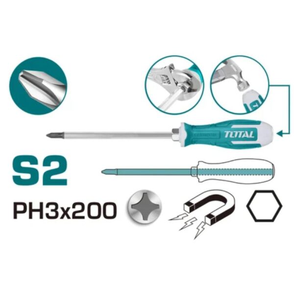 Total Screw Driver Phillips Go Through PH3 x 200mm, S2 Industrial Steel THGSPH32006