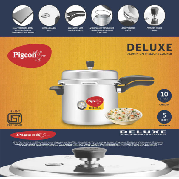 Pigeon Pressure Cooker 10L Deluxe Aluminium Outer Lid Gas Stove Compatible Ergonomically Designed Handle PP10