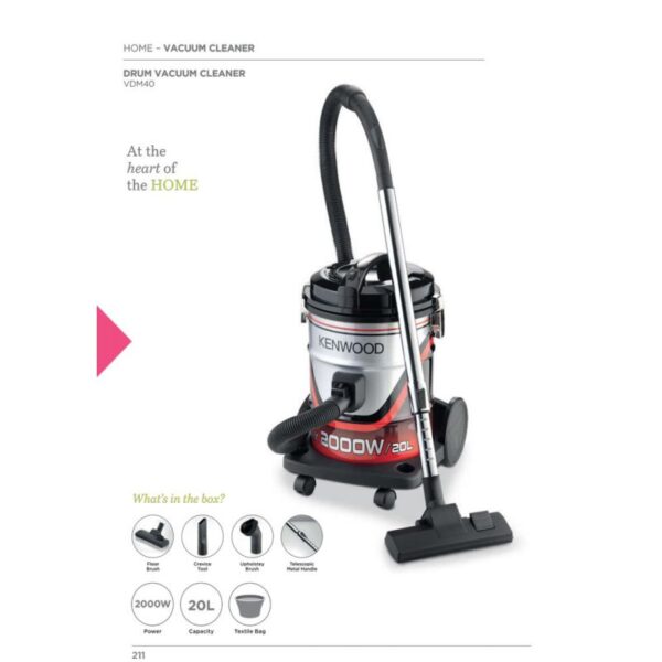 Kenwood Drum Vacuum Cleaner 2000W 20L Tank with 8m Extra Long Power Cord Removable & Washable Filter Multi Surface for Home Office VDM40.000BR