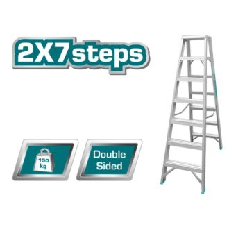 Total Double Sided Folding Ladder Aluminium 2 x 7 Steps, Easily Foldable for Space Saving Storage, Oxidation THLAD01071