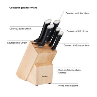 Tefal Ice Force Wooden Block with 5 Slots and 5 Knives: Bread Knife 20 cm / Chef Knife 20 cm / Santoku Knife 18 cm / Paring Knife 11 cm / Carving Knife 9 cm K232S574