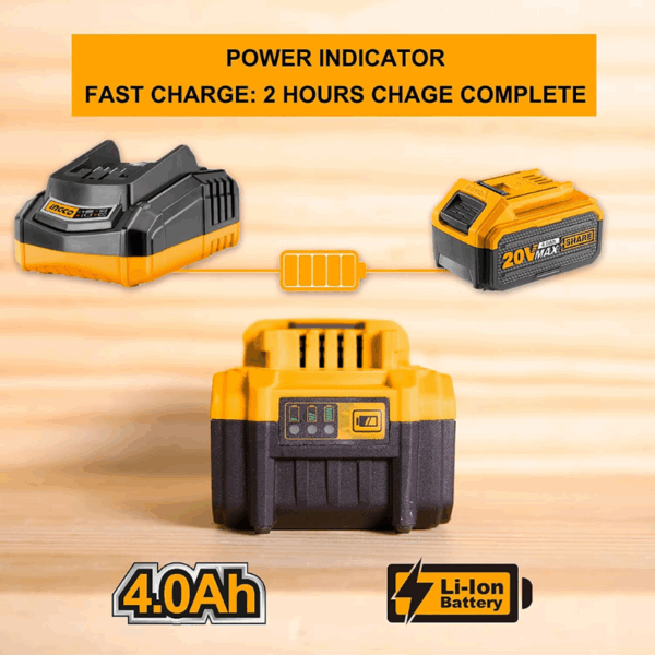 Ingco Lithium-Ion Battery Pack 20V 4.0Ah with LED Battery Power Indicator FBLI2002