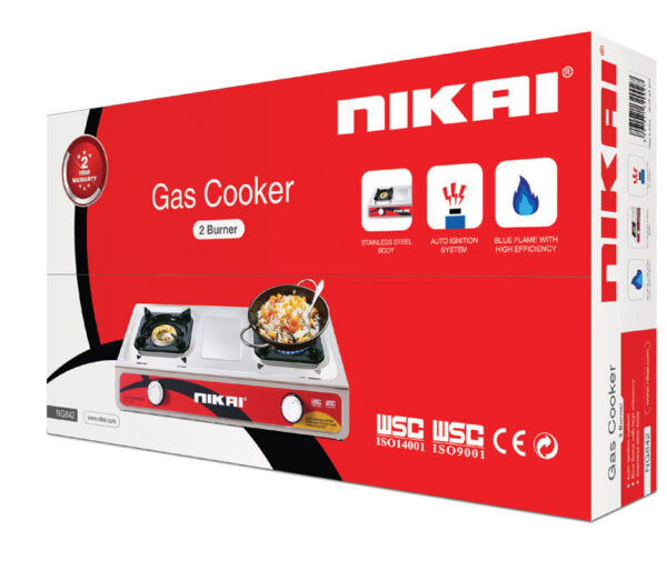 Nikai Gas Cooker 2 Burner Double Gas Burner with Auto Ignition System Blue Flame with High Efficiency Stainless Steel Body Full Safety Features NG842