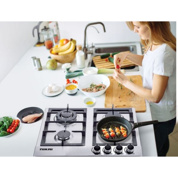 Nikai Gas Built In Hob Stainless Steel 4 Burner with FFD and Auto Ignition 50x45x25cm NGH3005N
