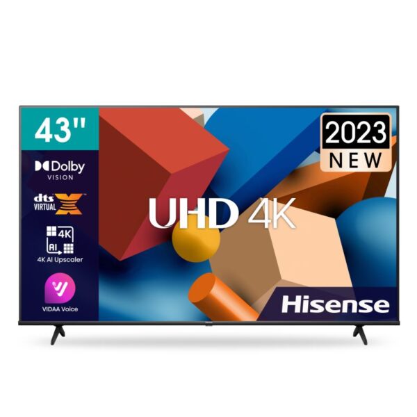 Hisense 43" LED TV Smart UHD 4K, AirSlim Frameless, Dolby Vision, DTS Virtual X, AI 4k Upscaler, Vidaa Voice, Airplay 2, Dual Band Wifi 43A6K