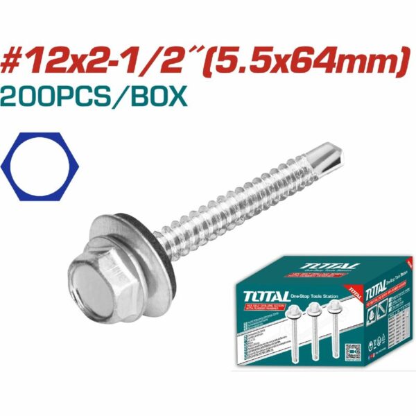 Total Self Drilling Hex Screw with Rubber Washer, Zinc Plated 12x2-1/2" (5.5x64mm) 200pcs THWHD122121