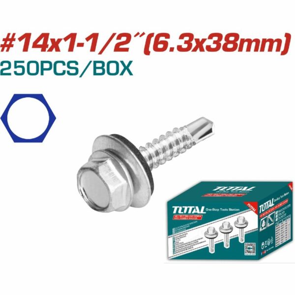 Total Self Drilling Hex Screw with Rubber Washer, Zinc Plated 14x1-1/2" (6.3x38mm) 250pcs THWHD141121