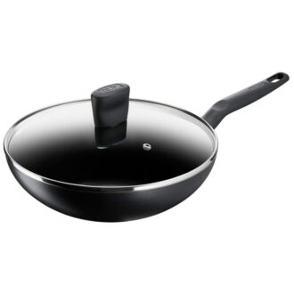 Tefal Super Cook Wok Pan 28cm + Lid Non Stick Thermo Signal 100% Safe Frying Pan Black Aluminium B4591684