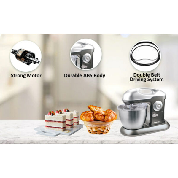 Nikai Kitchen Machine 1200W 6.5L 10 Speeds + Pulse 3 Attachments Dough Hook Beater Whisk Continuous Speeds Splash-Proof Lid Die Cast Aluminium Hooks and Stainless-Steel Whisk NSM650A