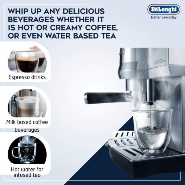 De'Longhi Expresso Maker Pump Driven & Cappuccino Machine 1450W (Metallic) Latte Macchiato Hot Milk Removable Drip Tray EC850.M