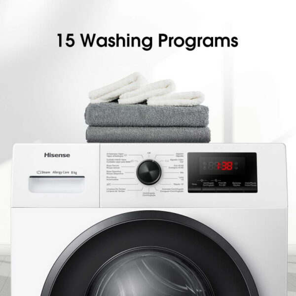 Hisense Washing Machine 8kg Front Load, Steam Care, Durable Inverter, Pure jet wash, Delay End, White WFQP8012VMS