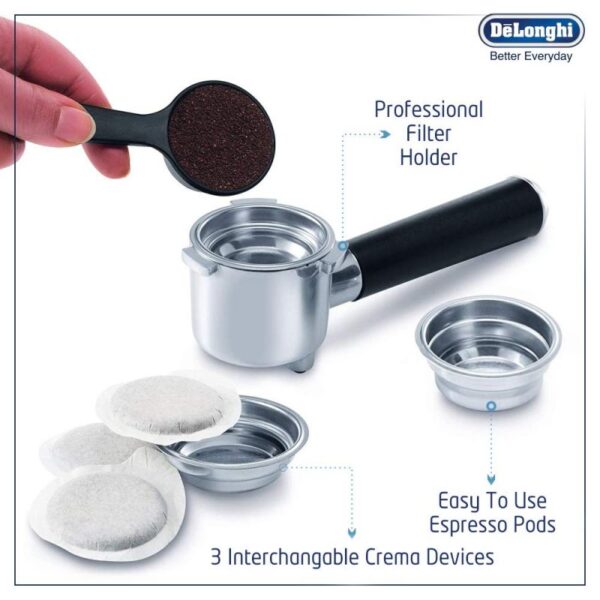 De'Longhi Expresso Maker Pump Driven & Cappuccino Machine 1450W (Metallic) Latte Macchiato Hot Milk Removable Drip Tray EC850.M