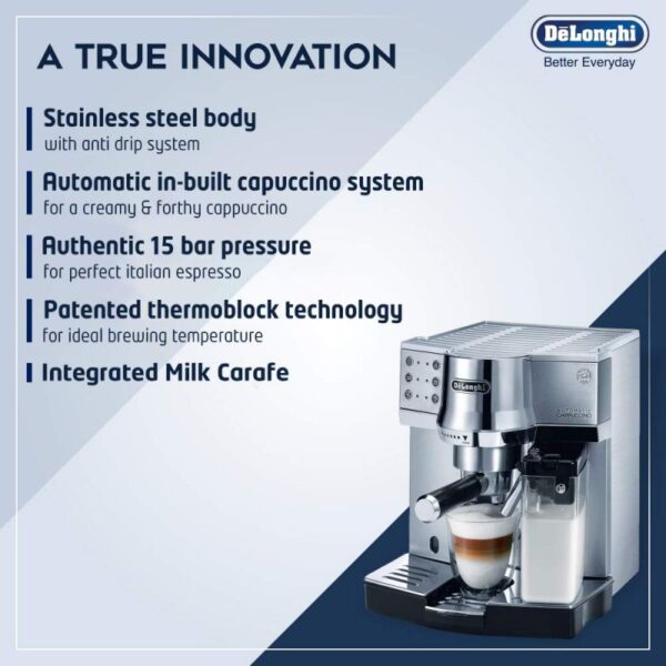 De'Longhi Expresso Maker Pump Driven & Cappuccino Machine 1450W (Metallic) Latte Macchiato Hot Milk Removable Drip Tray EC850.M