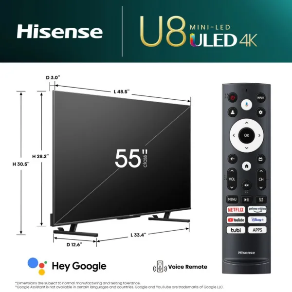 Hisense 75" ULED TV Smart UHD Mini LED 4K Google, Pro Quantum, Dolby Vision Atmos, Peak Brightness, Total HDR Solutuion, 2.1.2 Multi Channel Surround 75U8K