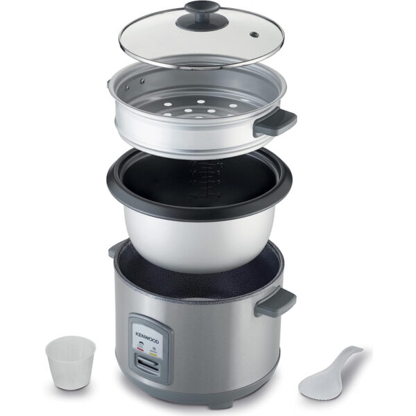 Kenwood 2-in-1 Rice Cooker 1.8L 10-Cups Rice with Food Steamer Basket Non-Stick Cooking Pot Temepered Glass Lid Warm/Cook Lights Spatula Holder Detachable Cord RCM45.000SS