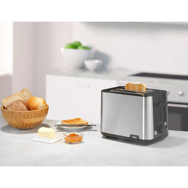 Braun Toaster 900W PurShine with 2 Slots, 8 Toast Levels, Pull Out Tray, Bread Lifter, Bun Warmer, Stainless Steel HT101BI-HT1510BK