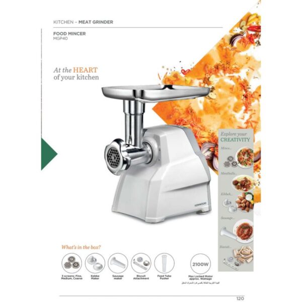 Kenwood Meat Grinder 2100W Meat Mincer with Kibbeh Maker Sausage Maker Biscuit Attachment Feed Tube Pusher 3 Stainless Steel Screens for Fine Medium & Coarse Results MGP40.000WH