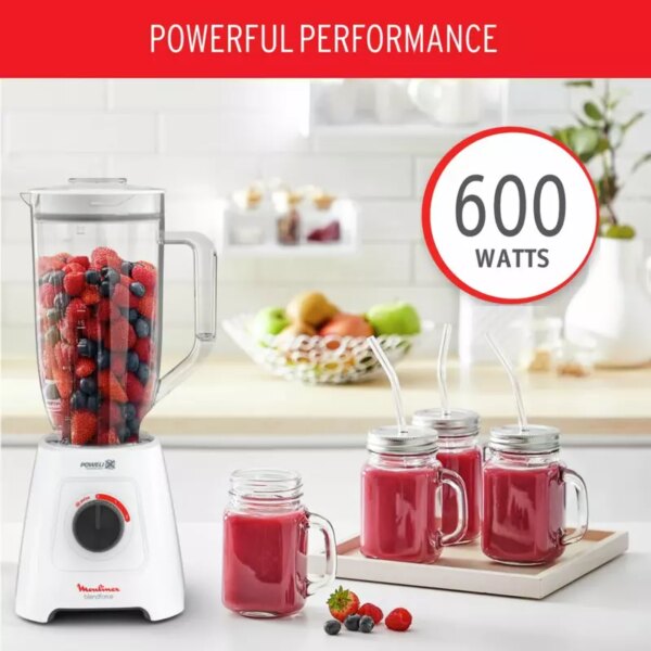 Moulinex Blender 600W BlendForce XXL Jar 2.8 L Blender Smoothie Maker Mixer 2 Attachments 2.8L XXL Plastic Jar 6 Powelix Blades Ice Crush 2 Speeds LM458127