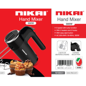 Nikai Hand Mixer 300W 6 Speeds + Turbo 2 Attachments With Power Cord Storage Beaters & Hooks 2PCS NH989A1