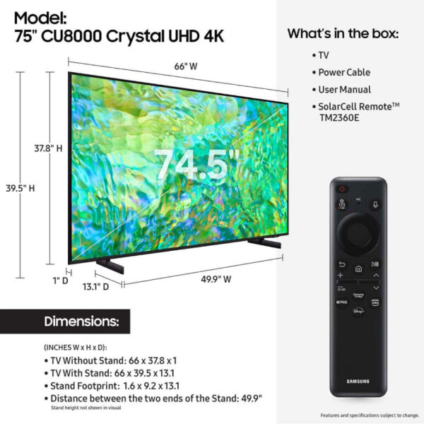 Samsung 75" Crystal UHD 4K Smart TV CU8000 Series with Air Slim Design, HDR, OTS Lite, Q-Symphony, Smart Hub, Motion Xcelerator, SolarCell Remote 75CU8000