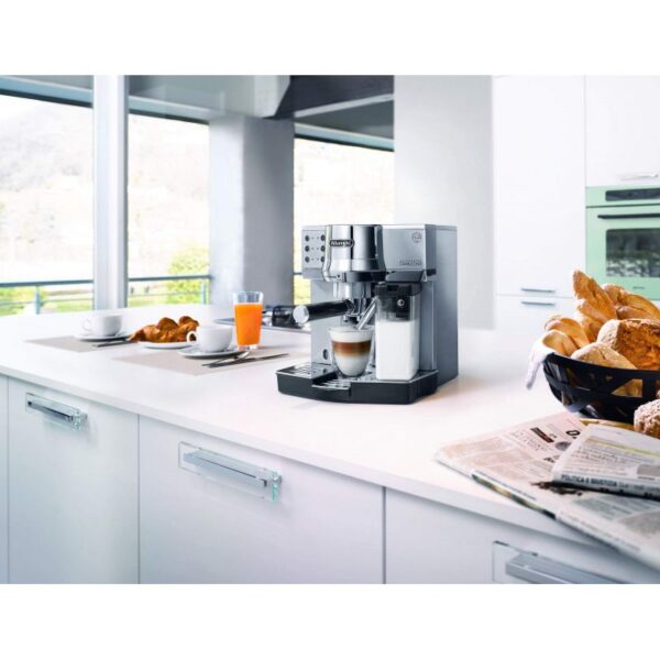 De'Longhi Expresso Maker Pump Driven & Cappuccino Machine 1450W (Metallic) Latte Macchiato Hot Milk Removable Drip Tray EC850.M