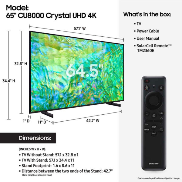 Samsung 65" Crystal UHD 4K Smart TV CU8000 with Air Slim Design, ,OTS Sound, Q-Symphony, Motion Xcelerator, Smart Hub, SolarCell Remote 65CU800