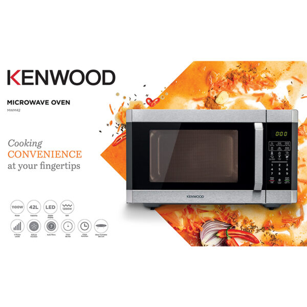 Kenwood 42L Microwave Oven with Grill Digital Display 5 Power Levels Defrost Function Stainless Steel Auto Menu 99 Minutes Timer Clock Function 1100W MWM42.000BK