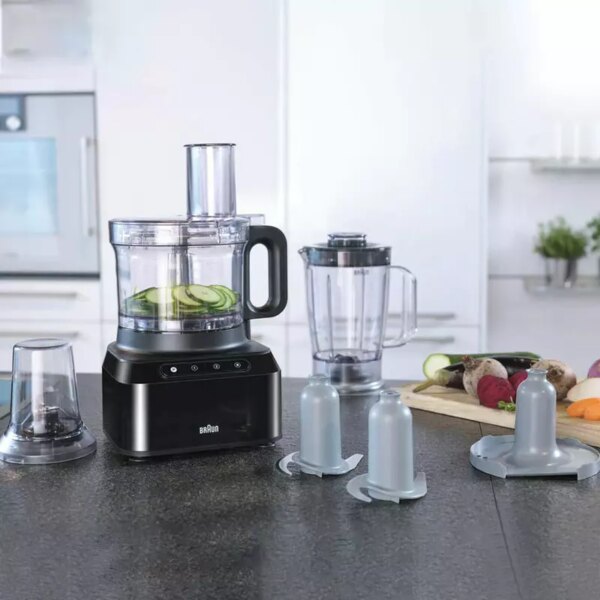 Braun Food Processor 7 Attachment , 800W, 2 Speeds, Pulse Function, 1.2L Capacity, Blender & Bowl 2L , Slicing and Grating disc, Dough, Ice Crusher Blade, FP301AI-FP3132BK