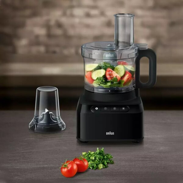 Braun Food Processor 7 Attachment , 800W, 2 Speeds, Pulse Function, 1.2L Capacity, Blender & Bowl 2L , Slicing and Grating disc, Dough, Ice Crusher Blade, FP301AI-FP3132BK