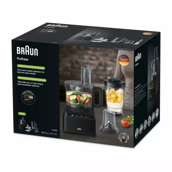Braun Food Processor 7 Attachment , 800W, 2 Speeds, Pulse Function, 1.2L Capacity, Blender & Bowl 2L , Slicing and Grating disc, Dough, Ice Crusher Blade, FP301AI-FP3132BK