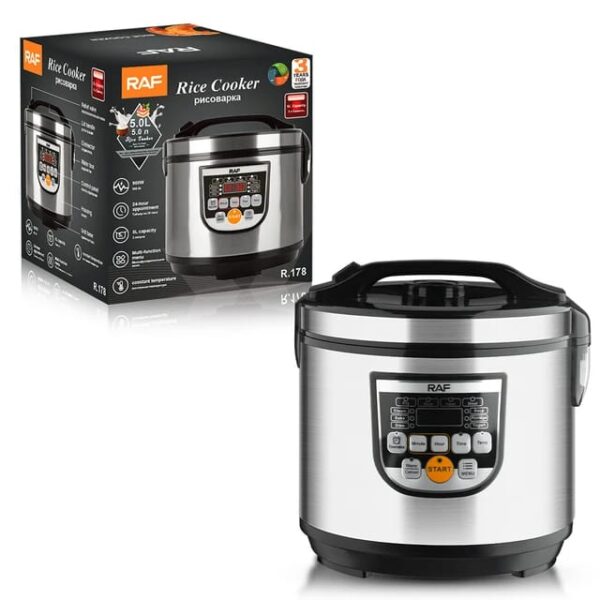 RAF Rice Cooker 5L 900W, Multi Function Menu, Constant Temperature, 24 Hour Timer, Fry, Heat, Steam, Bake & Stew R.178
