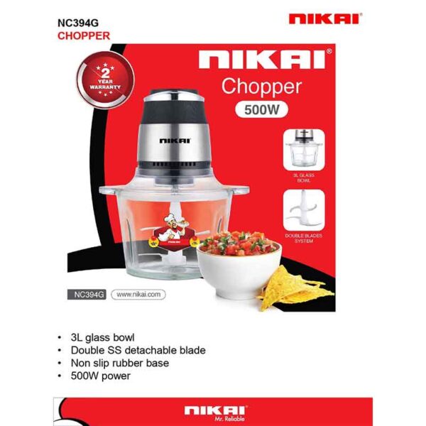Nikai Chopper 500W 3L Glass Bowl Double SS Detachable Blade Non Slip Rubber Base NC394G