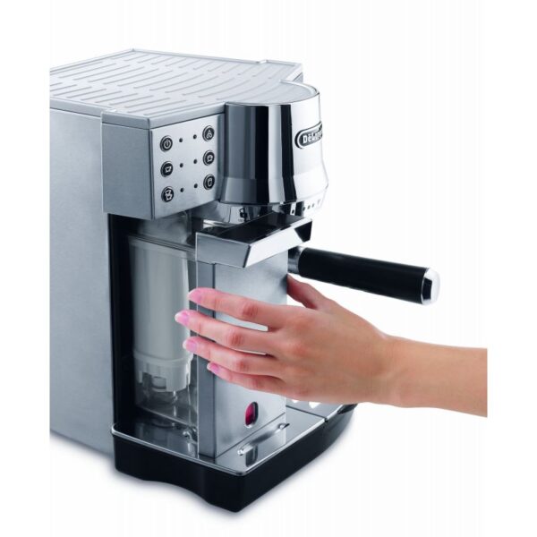 De'Longhi Expresso Maker Pump Driven & Cappuccino Machine 1450W (Metallic) Latte Macchiato Hot Milk Removable Drip Tray EC850.M