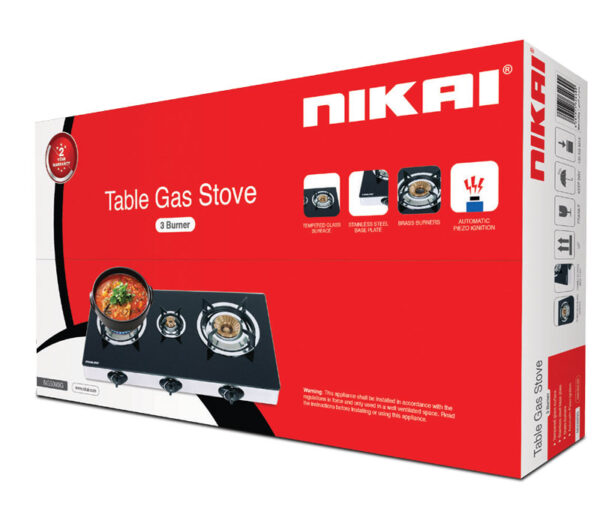 Nikai Gas Cooker 3 Burner Triple Gas Burner Glass Top Auto Ignition Black 7MM Tempered Glass Panel NG5093G
