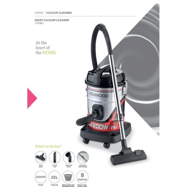 Kenwood Drum Vacuum Cleaner 2200W 25L Tank Vacuum Cleaner With 8M Extra Long Power Cord Removable & Washable Filter Multi Surface For Home & Office VDM60.000BR