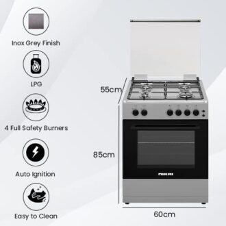 Nikai Cooker 60x55 Full Gas Oven Cooking Range 4 Gas Burner With SS Top Inox Grey Body Double Glass Door Glass Lid Button Ignition For Hob U6062FS