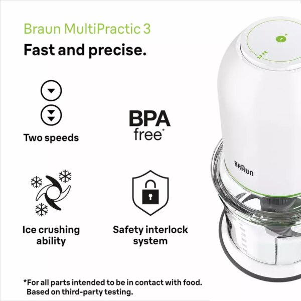 Braun Chopper and Mincer 500W MultiPractic 3 500ML Bowl Capacity 2 Speed Quad Blade System for Chopping Ice Crushing Mincing Grinding Pureeing CH3011WH