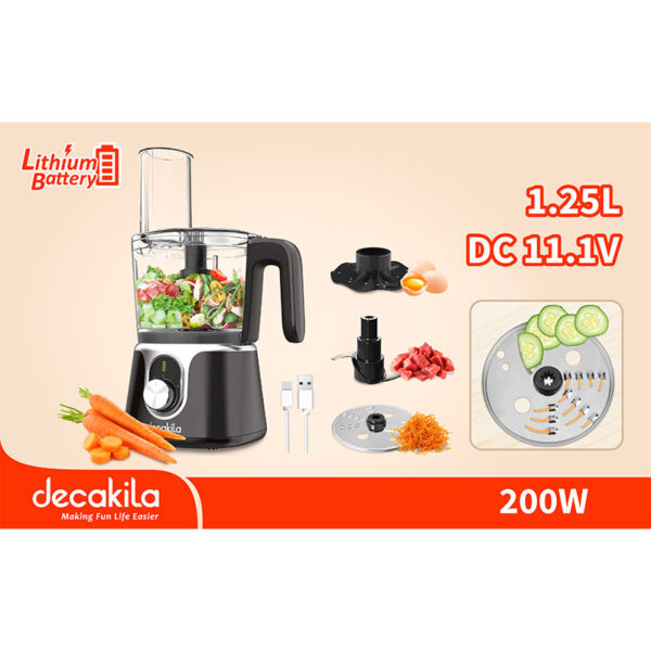 Decakila Cordless Food Processor 1.25L 200W Chopping Slicing & Cutting DC 11.1v Lithium Battery KMMG005B
