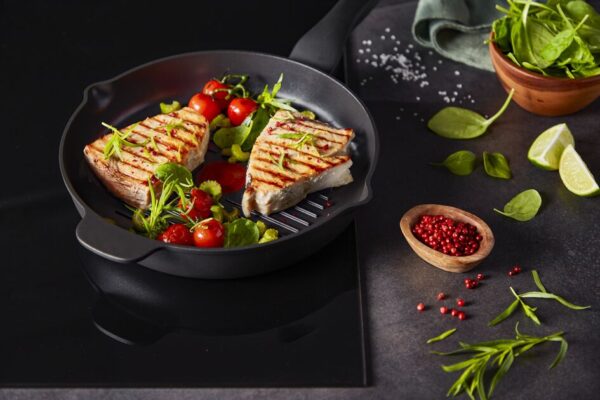 Tefal Unlimited Grill Pan 26x26CM Titanium Non Stick Anti Scratch Safe Non Stick G6 Unlimited Round Grillpan With Pouring Edge Frying Pan Black Cast Aluminum E2294074