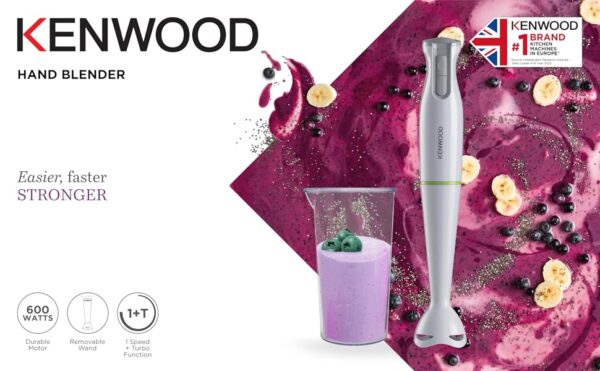 Kenwood Hand Blender 600W Stick Blender with Graduated Beaker Turbo Function Removable Wand for Easy Cleaning HBP02.001WH