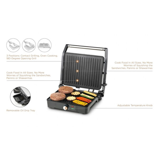 Kenwood Grill 2000W Contact Health Grill Panini Press with Variable Temperature 3 Grill Positions for Panini Burger Sandwich Pizza Steak Chicken Fish Vegetables HGM31.000SI